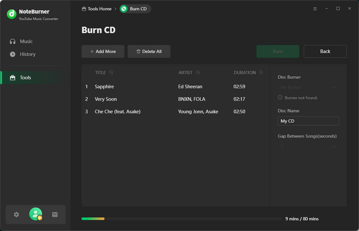burn youtube music to cd via noteburner tool